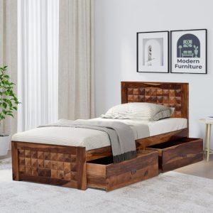 Wooden Single Bed with Two Drawer Storage